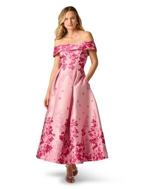 Adrianna Papell Pink Floral Off Shoulder Formal Jacquard Fitted Bodice, 4